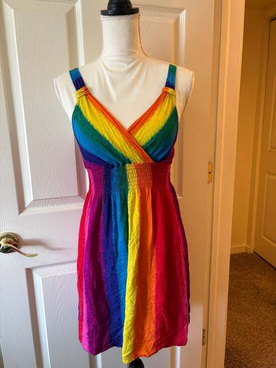 Romchard Dresses & Skirts - Romchard Rainbow Striped Crinkle Fabric V-Neck Sundress